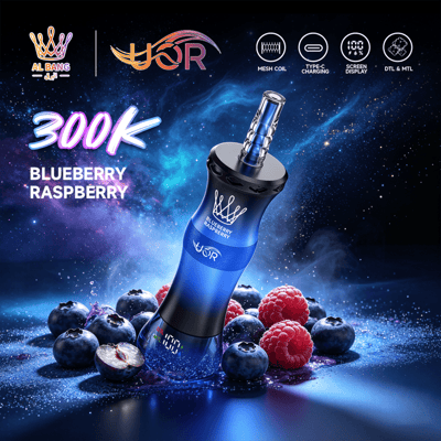 Blue vape device with “Blueberry Raspberry” flavor graphics, surrounded by blueberries and raspberries on a galaxy background