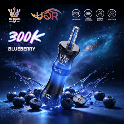 Blueberry-flavored vape device with “300K” text, in a starry blue background with splashing water and blueberries