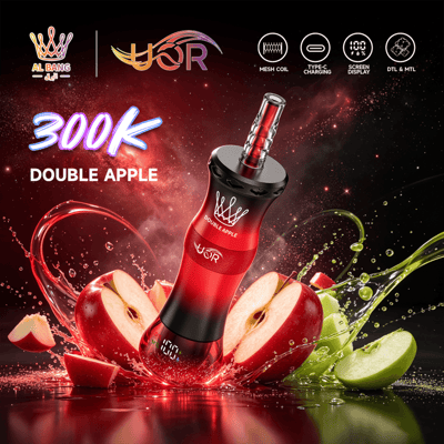 Red vape device with “Double Apple” flavor text, 300K graphic, and splashes of red apple and green liquid