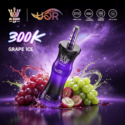Purple grape ice vape device with grapes and splash background, “300K” and “GRAPE ICE” text