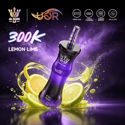 Purple vape device in a purple lemon-themed splash with text “300K LEMON LIME” and “AL BANG” branding