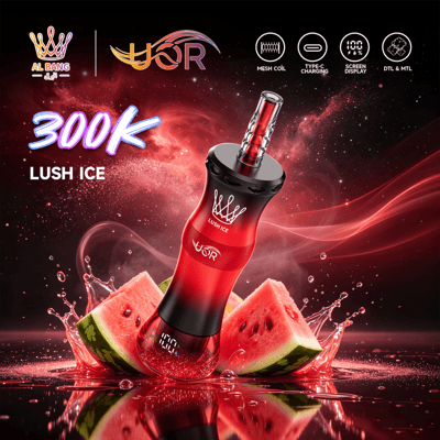 Red “Lush Ice” vape device with a glowing 300K burst and watermelon slices amid vapor and droplets