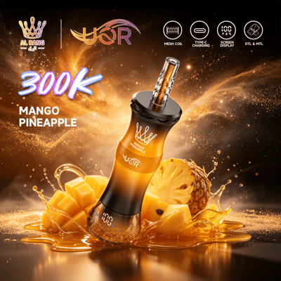 Orange vape device in a golden splash with mango and pineapple text and product feature icons on a dark background