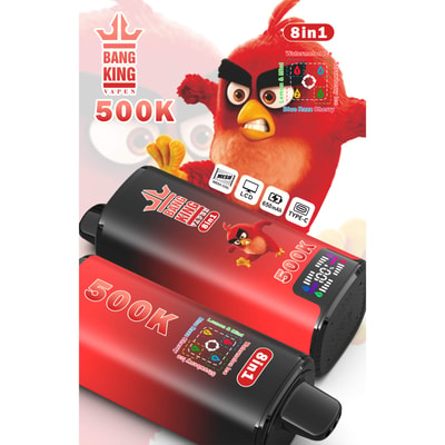 Red 8-in-1 vape device packaging with angry bird character, “500K” and “8in1” labels