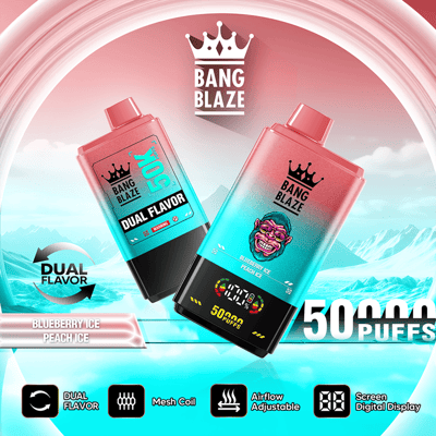 Two Bang Blaze e-cig devices with dual flavor labels, crown logo, and “50,000 puffs” on a blue icy background