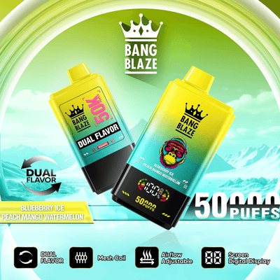 Dual flavor vape display showing two Bang Blaze e-liquid pods with “50 puffs” and “Dual Flavor” text