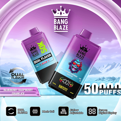 Two purple vape devices labeled BANG BLAZE with crown icon, “Dual Flavor,” and “50,000 Puffs” text