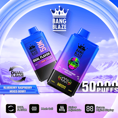 Two blue vape device boxes labeled BANG BLAZE dual flavor with crown logo and “50 puffs” text on snowy background