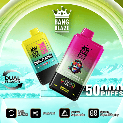 Two Bang Blaze flavored vape devices on a wave backdrop, showing Dual Flavor and 50,000 puffs