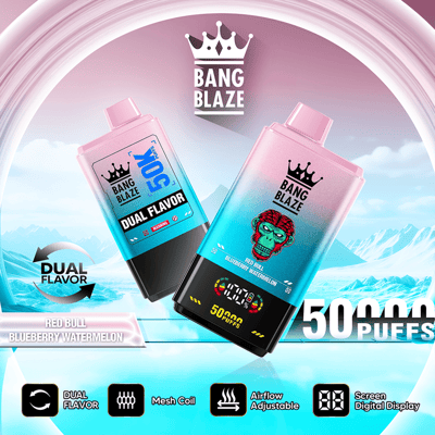 Two pink Bang Blaze energy drink cans with crown logo, dual flavor labels, and “50 Puffs” text on a snowy background