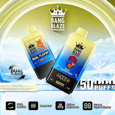 Bang Blaze vape flavor dual pack with Red Bull Strawberry Banana and 50 puffs graphic on blue background