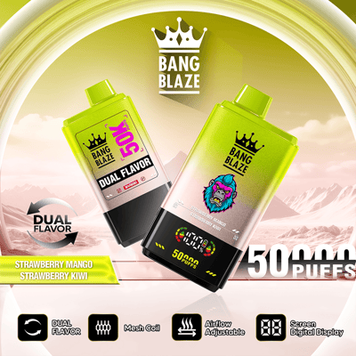 Promotional graphic for Bang Blaze dual flavor vape featuring two green cartridges and 50 puffs text