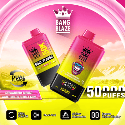 Two pink “Bang Blaze” vape devices with a crown logo, “50 puffs” text, and desert-themed background graphics
