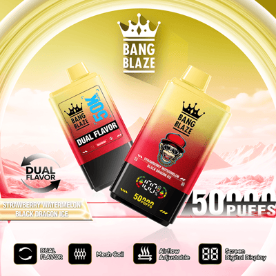 Two Bang Blaze e-cig boxes with crown logo on yellow-to-red gradient background, “50 puffs” text, and features icons
