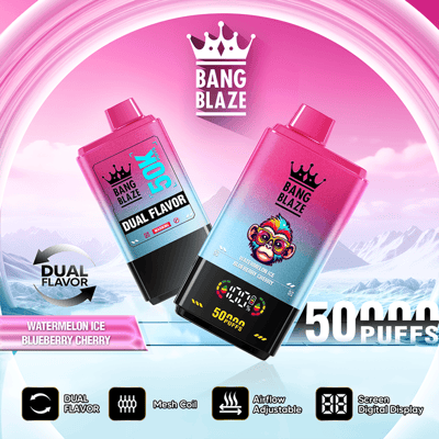 Two pink vape devices labeled “Bang Blaze” with dual flavor icons and “50 puffs” on a pink mountain backdrop