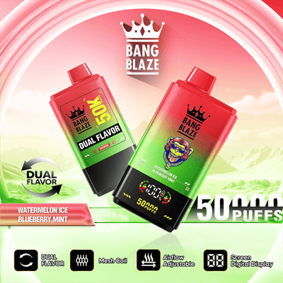 Two red-and-green Bang BLAZE vape devices advertising dual flavor with crown logo and “50 Puffs” text