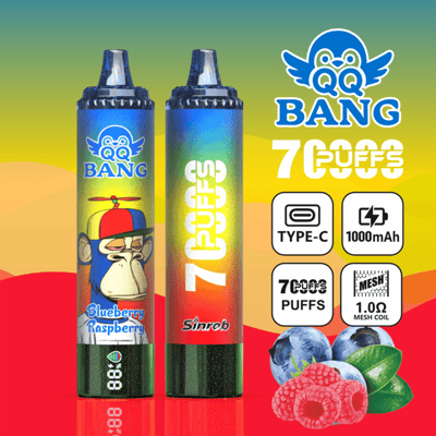 Two colorful vape pods with “QQ BANG” branding and “7 PUFFS,” plus Type-C 1000mAh and flavor icons