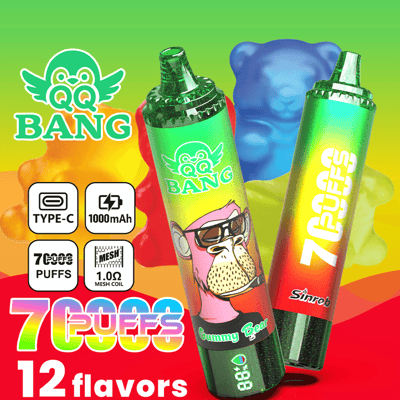 Colorful vape advertisement with two devices, “QQ BANG” branding, and “7GFF 12 flavors” text