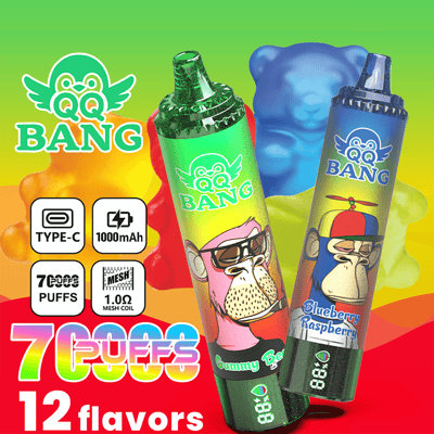 Colorful vaping device packaging showing two “QQ BANG” disposable devices with “7G 12 flavors” text and flavor badges