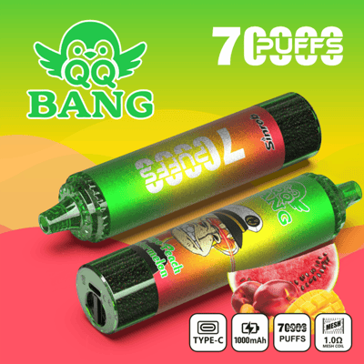 Colorful vaping product graphic showing two disposable vape pens with “NG Bang” and “7 PUFFS” text