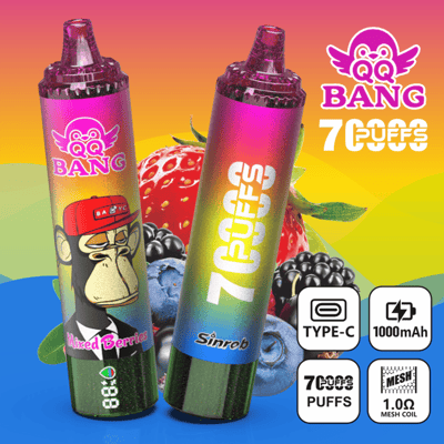 Colorful “BANG 7 PUFFS” vape canisters with flavor graphics, TYPE-C 1000mAh and 1.00 mesh coil icons on a bright background
