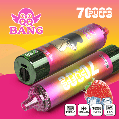 Two colorful disposable vape pens on a pink tabletop with “BANG” text and “7 PUFFS” label background graphics