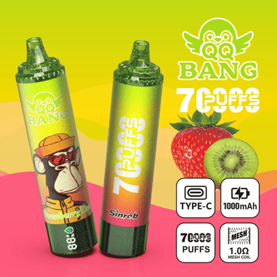 Two green vaping devices with “BANG 7 PUFFS” text, Type‑C 1000mAh and strawberry, kiwi graphics on a yellow background
