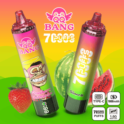 Two colorful disposable vape pens with “BANG” “7 PUFFS” text, plus fruit background and specs icons (Type-C, 1000mAh)