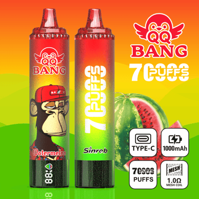 Two colorful vape pods with “QQ BANG 7 PUFFS” branding and fruit design, plus specs icons