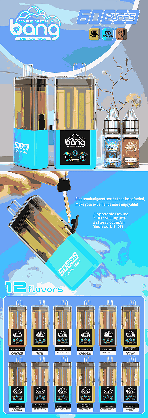 Anuncio de vaporizador desechable Vibrant Bang con dos dispositivos grandes y 12 sabores, destacando 60 caladas y una batería de 550 mAh.