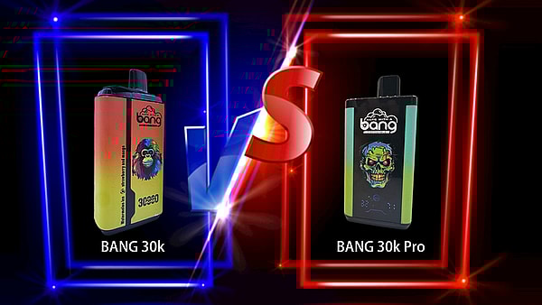 Comparación de los dispositivos de vapeo desechables BANG 30k y BANG 30k Pro con diseños coloridos en un fondo de pantalla dividida.