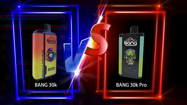 Comparison of BANG 30k and BANG 30k Pro disposable vape devices with colorful designs in a split-screen background.