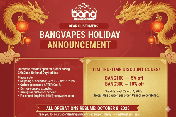 A festive red-and-gold BangVapes holiday poster with two Chinese dragons and lanterns, announcing a ChinChina National Day shipping pause, two limited-time discount codes (BANG100 for 5% off and BANG300 for 10% off) valid Sept 29–Oct 7, 2025, and that all operations resume Oct 8, 2025.