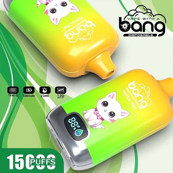 "Muestre su estilo de vapeo con esta elegante y moderna caja digital BANG, capaz de contener hasta 15 000 caladas. Súper conveniente y eficiente para todos los entusiastas de los cigarrillos electrónicos".