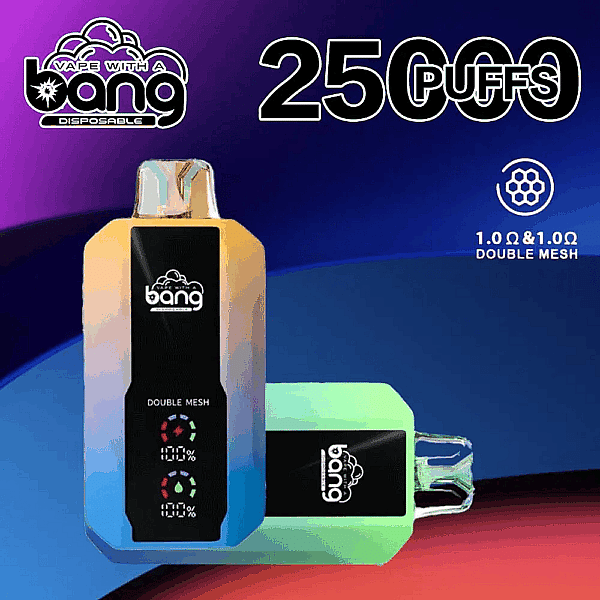 Dispositivo de vapeo desechable denominado "Bang" con un diseño de bobina de malla doble, que ofrece 25.000 bocanadas y presenta un esquema de color degradado con una pantalla digital que muestra los niveles de batería.