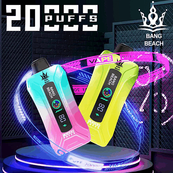 Due colorati dispositivi per svapare "Bang Beach" con display digitali che mostrano 20.000 boccate, sullo sfondo di luci al neon con grafiche vorticose a tema svapo.