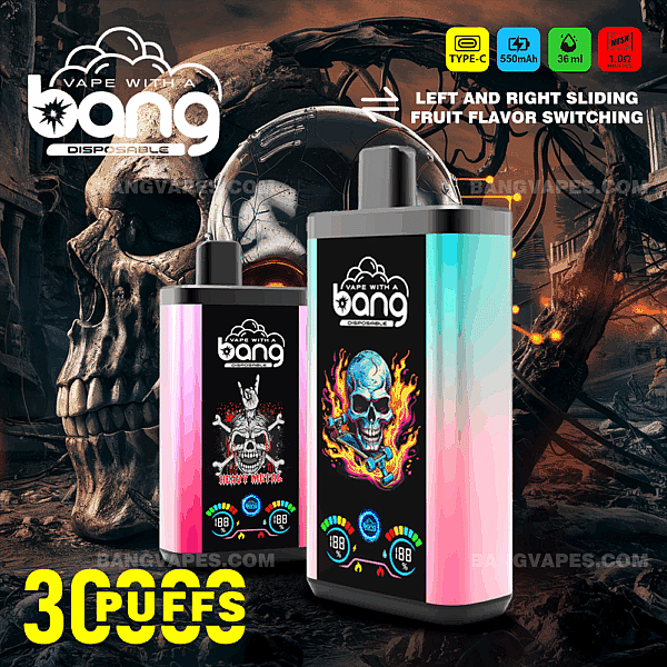Un appareil de vapotage jetable « Vape with a Bang » avec un emballage coloré représentant un crâne, mettant en valeur 30 000 bouffées, une batterie de 550 mAh, une capacité de liquide de 36 ml, une charge de type C et un changement de saveur de fruits.
