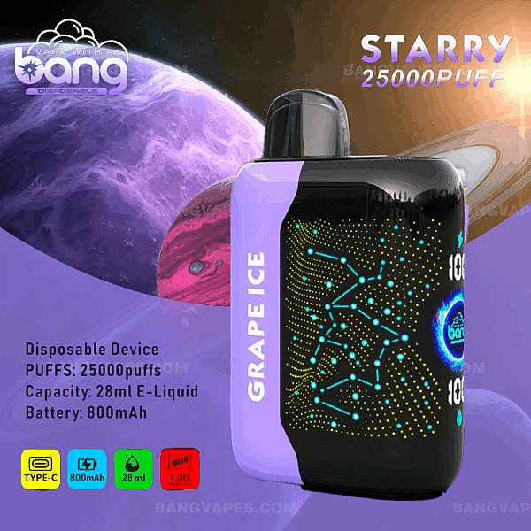 Jednorazowe urządzenie do waporyzacji oznaczone jako „Starry 25000 Puff” o smaku lodowego winogrona, z futurystycznym designem i tłem nawiązującym do kosmosu. Specyfikacja obejmuje pojemność e-liquidu 28 ml, baterię 800 mAh, ładowanie typu C i grzałkę siateczkową 1,0 Ω.