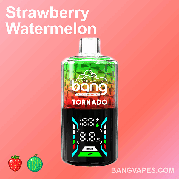A Bang Tornado disposable vape with a red and blue gradient design, digital display showing voltage and puff count, labeled "strawberry watermelon" and fruit icons at the bottom.