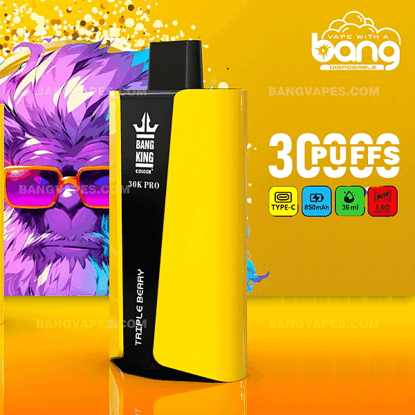 Yellow disposable vape device with "Bang King 30K Pro" branding, offering 30,000 puffs. Features include Type-C charging, 850mAh battery, 36ml capacity, mesh coil, and 1.0Ω resistance.