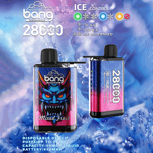 Promotional image of Bang Disposable Vape with 28,000 puffs, adjustable ice control levels, 30ml e-liquid capacity, and a 650mAh battery, featuring a mixed fruit flavor design.