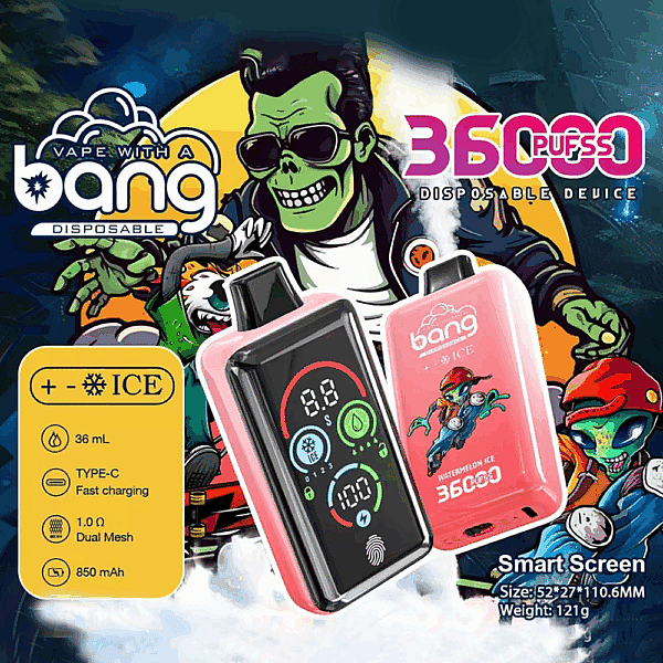 Promotional image for the Bang 36000 Puffs disposable vape device featuring vibrant graphics, a zombie character, and product details such as 36mL capacity, Type-C fast charging, dual mesh coil (1.0Ω), 850mAh battery, smart screen, and a watermelon ice flavor.