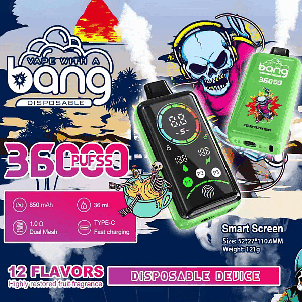 Une image promotionnelle colorée d'un appareil de vapotage jetable nommé « Bang », doté de 36 000 bouffées, d'un écran intelligent et de spécifications telles qu'une batterie de 850 mAh, une capacité de 36 ml, une bobine à double maille et une charge rapide de type C, avec des graphismes et du texte vibrants mettant en valeur 12 saveurs de fruits.