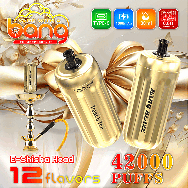 Promotional image showcasing Bang Disposable E-Shisha Heads in golden color, featuring a peach flavor and highlighting specifications like 42,000 puffs, 1000mAh battery, and Type-C charging, with a decorative hookah as part of the composition.