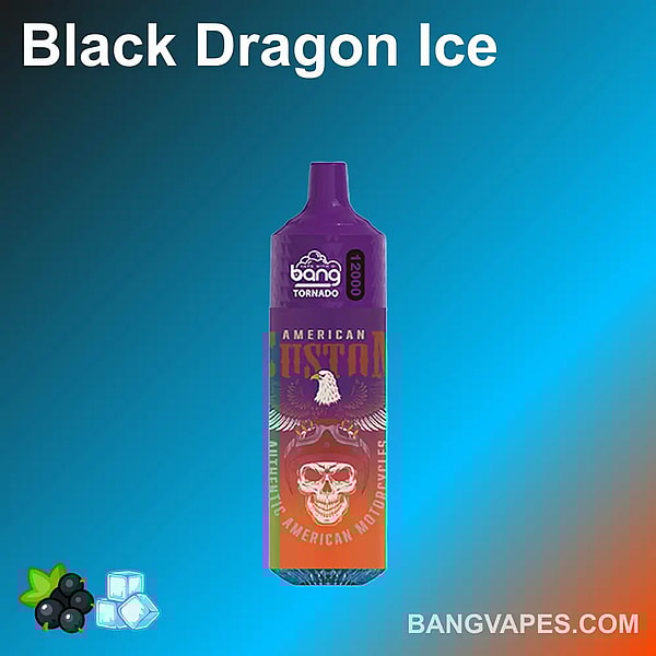 The image showcases the Bang Tornado 12000 with 12k puffs in Black Dragon Ice flavor, designed for vaping enthusiasts.