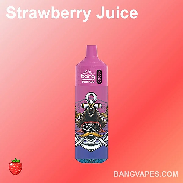 The image showcases the Bang Tornado 12000, a disposable vape with a Strawberry Juice flavor, boasting 12k puffs for vaping enthusiasts.
