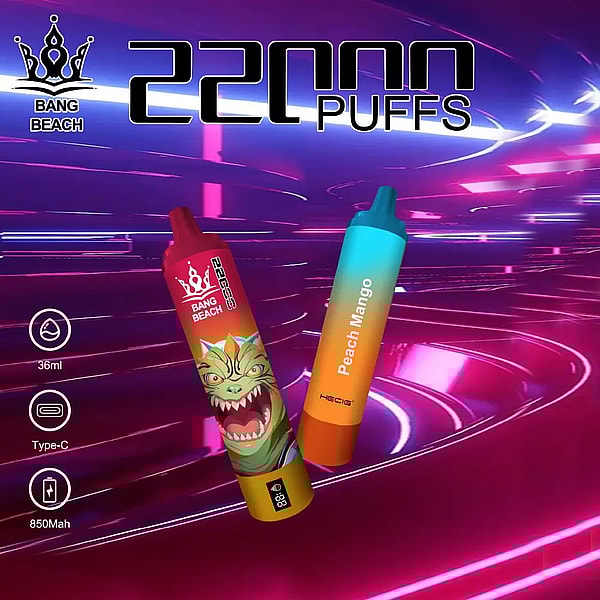 The image features the BANG BEACH 20k, a vape with a 20,000 puff capacity, showcasing its variety and long-lasting vaping experience.