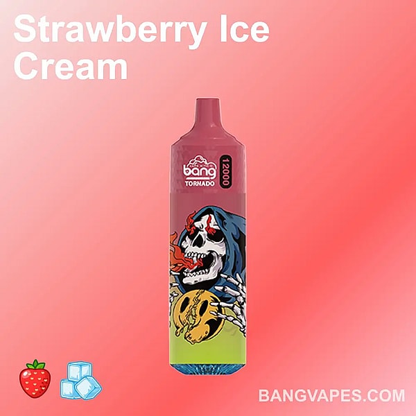 The image showcases the Bang Tornado 12000, a disposable vape featuring a Strawberry Ice Cream flavor with up to 12,000 puffs.