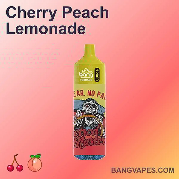 The image showcases the Bang Tornado 12000, a 12k puff disposable vape featuring a Cherry Peach Lemonade flavor.