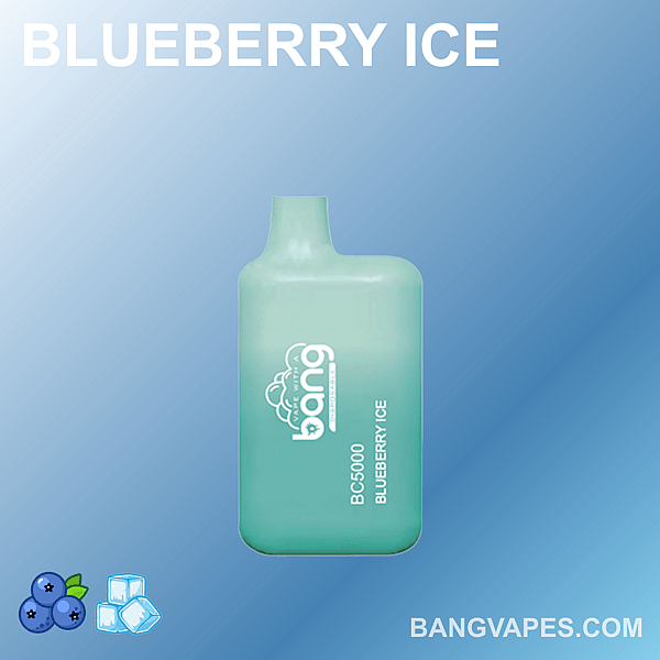 Bang BC5000 vape in de smaak Blueberry Ice met een lichtgroen apparaat op een blauwe achtergrond met kleurverloop, waarop het merklogo en de naam van de smaak te zien zijn.